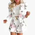 Women floral blazer and skirt two piece set elegant puff sleeve casual suit outfit - S / Top And Bottom / White Floral
