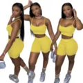 Donna 2 pezzi senza maniche crop top pantaloncini set casual moda giallo vestito - Taglia S / Top E Pantaloni / Giallo