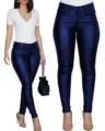 Women shiny dark blue PU leather skinny pants casual slim fit long trousers stylish - S / Blue