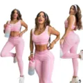 Pink two-piece athletic yoga set with sports bra and high-waist tummy-control leggings. - S / Top And Bottom / Pink