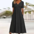 Women's solid color short sleeve crossover V-neck casual midi dress with handy pockets - S / Black