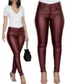 Women burgundy PU leather skinny pants casual high waist long trousers for autumn. - S / Burgundy