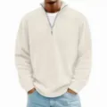 Mens casual ribbed quarter-zip pullover sweater, comfortable long sleeve knit top in white. - Off White