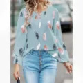 Women V-Neck Long Sleeve Blouse Feather Print Casual Loose Top Spring Summer Fashion - S / Light Blue