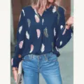 Women Elegant V-Neck Feather Print Long Sleeve Blouse Casual Loose Autumn Fashion Top - S / Dark Blue