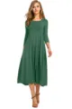 Vestido midi verde liso de manga larga con cuello redondo, elegante ropa casual de mujer. - Verde oliva