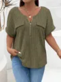 Detail view of the army green plus-size V-neck short sleeve top with stylish front zipper. - 1XL / Army Green