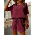 Womens waffle knit two piece set featuring a casual short sleeve top and matching shorts. - S / Set / Burgundy