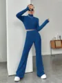 Women blue ribbed knit two-piece set, turtleneck crop top and wide leg pants for autumn. - S / Top And Bottom / Blue