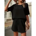 Waffle knit short sleeve top and shorts two piece set for women casual summer outfit - S / Set / Black
