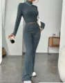 Dark grey ribbed long sleeve crop top and flared pants two-piece set for women. - S / Top And Bottom / Slate Gray