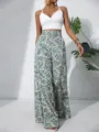 Chic summer tropical leaf print high waist wide leg pants paired with a stylish white crop top. - M / Geometric Print 3