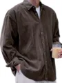 Stylish men's brown corduroy long sleeve shirt casual button down winter retro top. - 3XL / Brown 430g