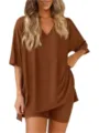 Σετ loungewear με τοπ κοντό μανίκι και σορτς σε καφέ χρώμα, άνετο για το καλοκαίρι. - Καραμέλα