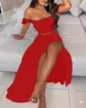 Red off-shoulder crop top and high-slit long skirt set, elegant summer two-piece outfit. - S / Set / Solid Red