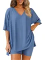 Set pigiama estivo casual con scollo a V tinta unita comodo loungewear da donna. - Taglia S / Blu