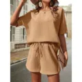 Stylish waffle knit two-piece outfit featuring a short sleeve top and matching shorts. - S / Set / Khaki