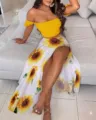 Women Summer Boho Sunflower Print Off Shoulder Tube Top and Split Maxi Skirt Set - S / Set / Yellow With Sunflower