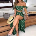 Stylish green polka dot two piece set featuring off shoulder top and high slit maxi skirt. - S / Set / Green Small Polka Dot