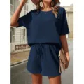 Dark blue waffle knit two-piece set, stylish batwing top and matching shorts for women. - S / Set / Navy Blue