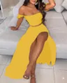 Summer slim French bohemian strapless two-piece dress with off-shoulder top and high slit skirt. - S / Set / Solid Yellow