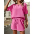 Hot pink waffle knit two piece set women summer casual batwing sleeve top and shorts outfit - S / Set / Rose Red