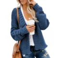 Women's casual chunky knit cardigan detail view, showing soft texture and cozy buttonless style. - S / Blue