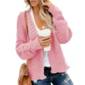 Chunky knit cardigan detail, cozy open front style, soft pink texture for autumn layering. - S / Pink