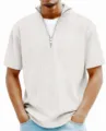 Men's Half Zip Ribbed Knit Short Sleeve T-Shirt Off White Casual Polo Shirt Variant - Off White