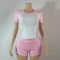 Pink and white raglan short sleeve top and solid color shorts casual sportswear set. - With Headband
