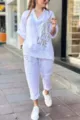 White two-piece linen outfit, half sleeve top and casual pants with stylish letter print for summer. - Lavender