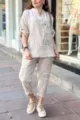Casual linen-blend two-piece set featuring a half-sleeve top and matching long pants. - Apricot