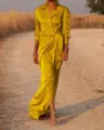 Women's long sleeve lapel high waist split jumpsuit stylish casual outfit detail view - S / Gold