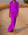 Details of the elegant long sleeve lapel high waist split maxi dress showing exquisite style. - S / Purple
