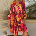 Floral print tiered long sleeve dress with half collar and boho style for women spring daily. - S / Red