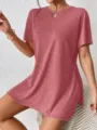 Camiseta casual de color liso con abertura, parte superior cómoda de manga corta para mujer - Melocotón