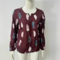 Women's long sleeve V-neck blouse featuring an elegant feather print pattern on soft fabric. - 3XL / Red Brown