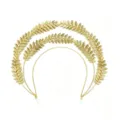 Close-up view of intricate golden laurel leaves on a triple-layered sun halo headpiece - Gold