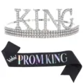 Men's Prom King black glitter sash and silver rhinestone KING crown tiara party set for proms - Silver Crown + Black Holographic Sash