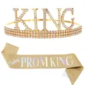 Golden PROM KING glitter sash and sparkling rhinestone KING crown set for men's party - Gold Crown + Deep Gold Holographic Sash