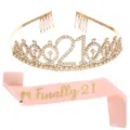 Elegant Finally 21 birthday set with sparkling gold rhinestone tiara and pink satin sash - Gold Tiara + Champagne Sash