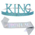 Set festa Prom King con fascia glitter argento e corona di strass azzurri da uomo - Corona Blu Lago + Fascia Olografica Argento