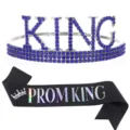 Prom King party set featuring a blue rhinestone KING crown and iridescent black sash - Royal Blue Crown + Black Holographic Sash