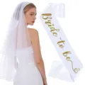 Bruid set met dubbellaagse parelsluier hoofdband en goudkleurige satijnen sjerp voor feesten - Sluier Sjerp Hoofdband Set