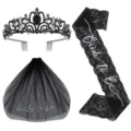 Gothic black bride to be party accessory set with tiara, lace sash and bridal veil - One Size / Tiara Embroidered Veil And Laser Lace Sash Set (HG001)