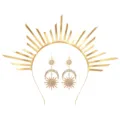 Golden sunburst halo crown headband with matching celestial sun moon earrings set. - 太阳女神发箍耳环套装