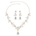 Elegant gold floral jewelry set with clear crystal teardrop pendants for women - Necklace Earring Set 011 / Gold