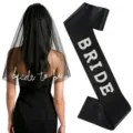 Black gothic bride to be mesh veil and pearl studded BRIDE satin sash party set - One Size / Embroidered Veil And Sash Set