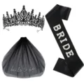 Gothic black bride to be party set including pearl sash, mesh veil, and dark tiara accessory - One Size / Tiara Embroidered Veil And Sash Set (TS005)