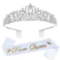 Silver crystal tiara and white satin sash set with gold Prom Queen text for party wear - One Size / HG001银色皇冠+白色金字绶带